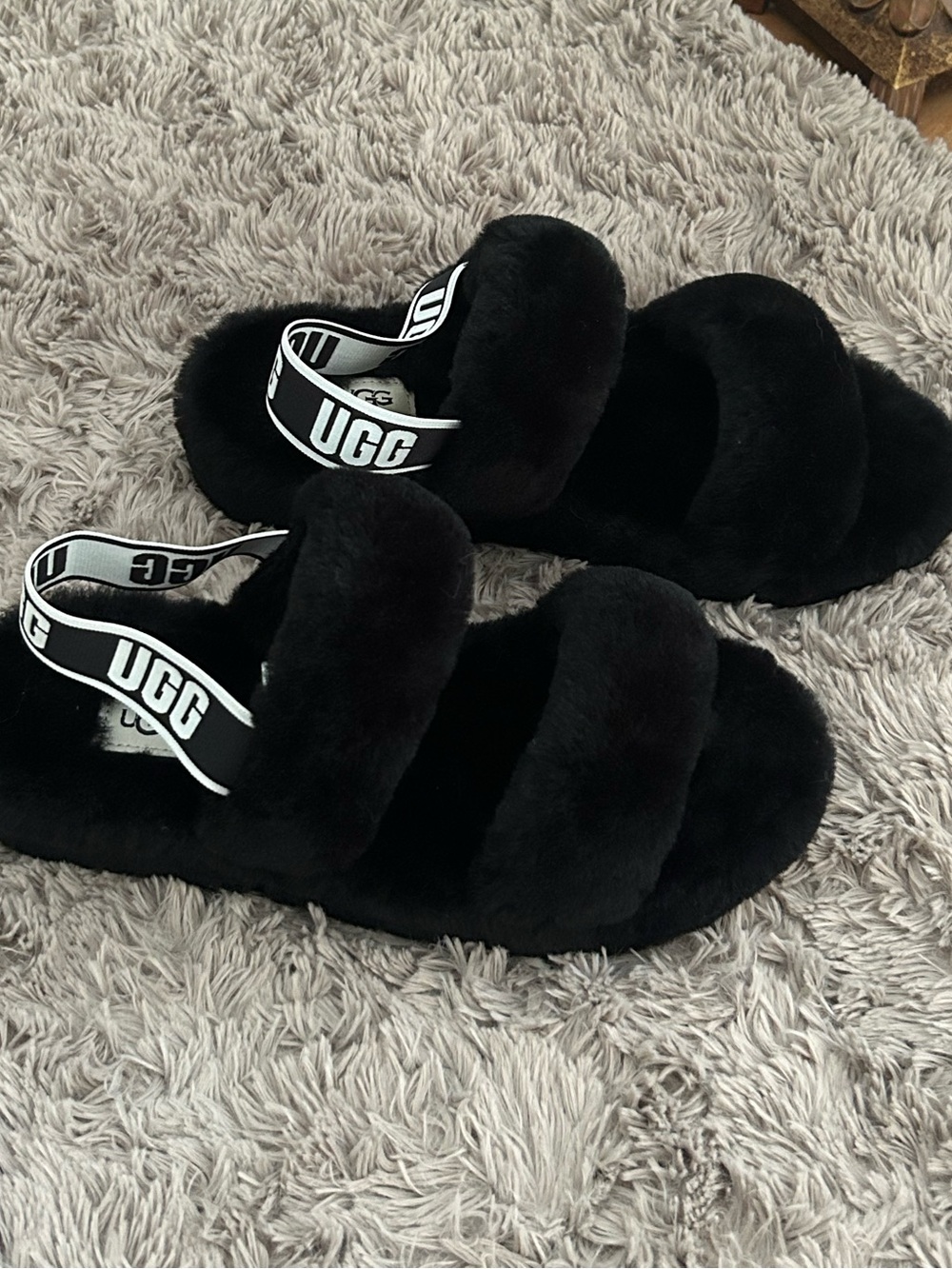 UGG Women’s Black Plush Slide with Branded Heel Strap